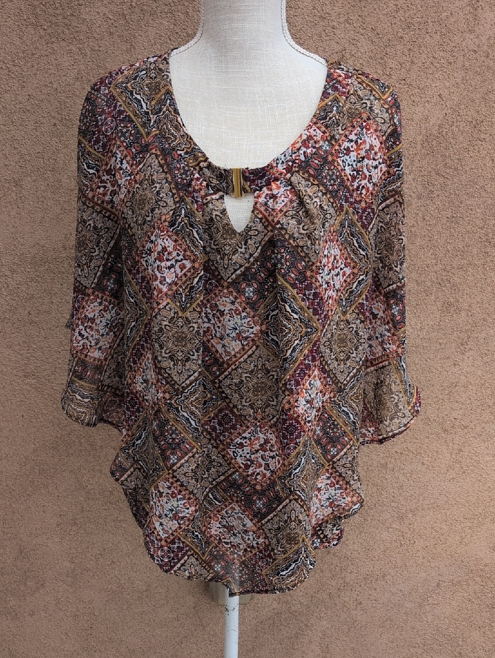 Notations Moody Paisley Print Handkerchief Flowy Sheer Blouse Preppy Careerwear